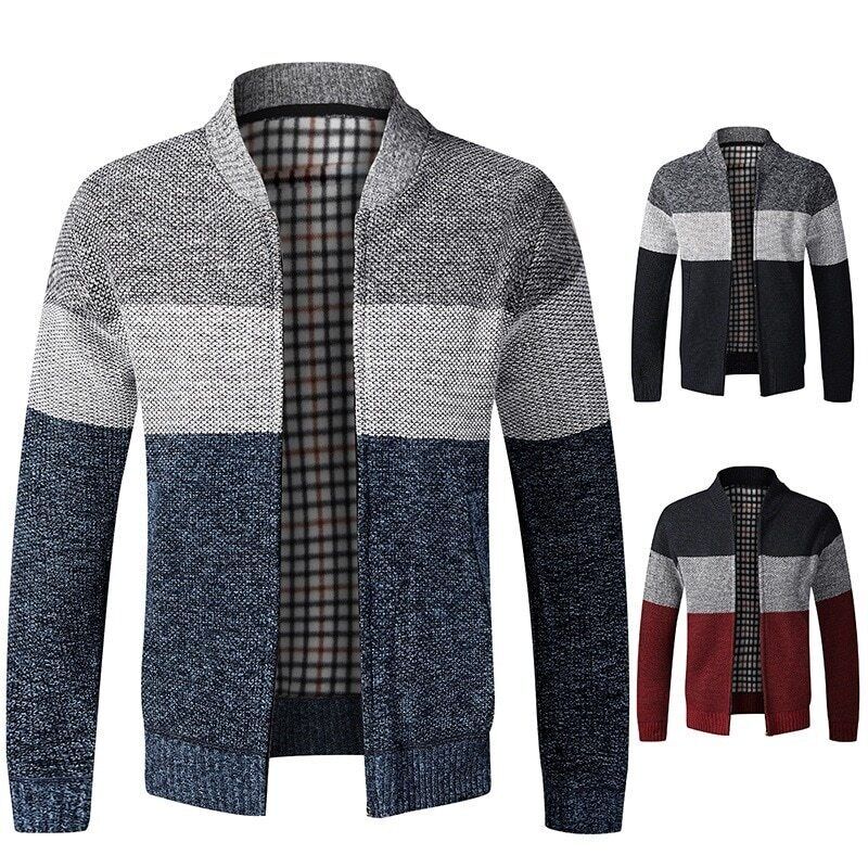 Men's Cardigan Sweater Fall Stand Collar Fleece Full Zip Male Clothing Coat