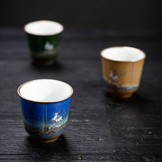 Set of 4 Cups Cute Deer Ceramic Tea Cup Small Gongfu Cup of Tea 50ml