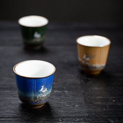 Set of 4 Cups Cute Deer Ceramic Tea Cup Small Gongfu Cup of Tea 50ml