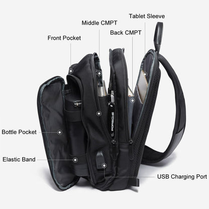 USB Charging Port Water Resistant Nylon Sling bag Chest Pack Backpack Business
