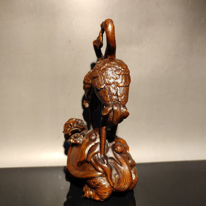 vintage carved wooden crane figurine wood statue Boxwood longevity Turtle gift