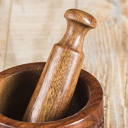 Handmade Natural Wooden Mortar & Pestle Mixing Grinder Set Garlic Press Kitchen