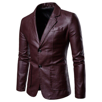 2022 Men's Lapel Leather Dress Suit Coat / Male Business Pu Jacket