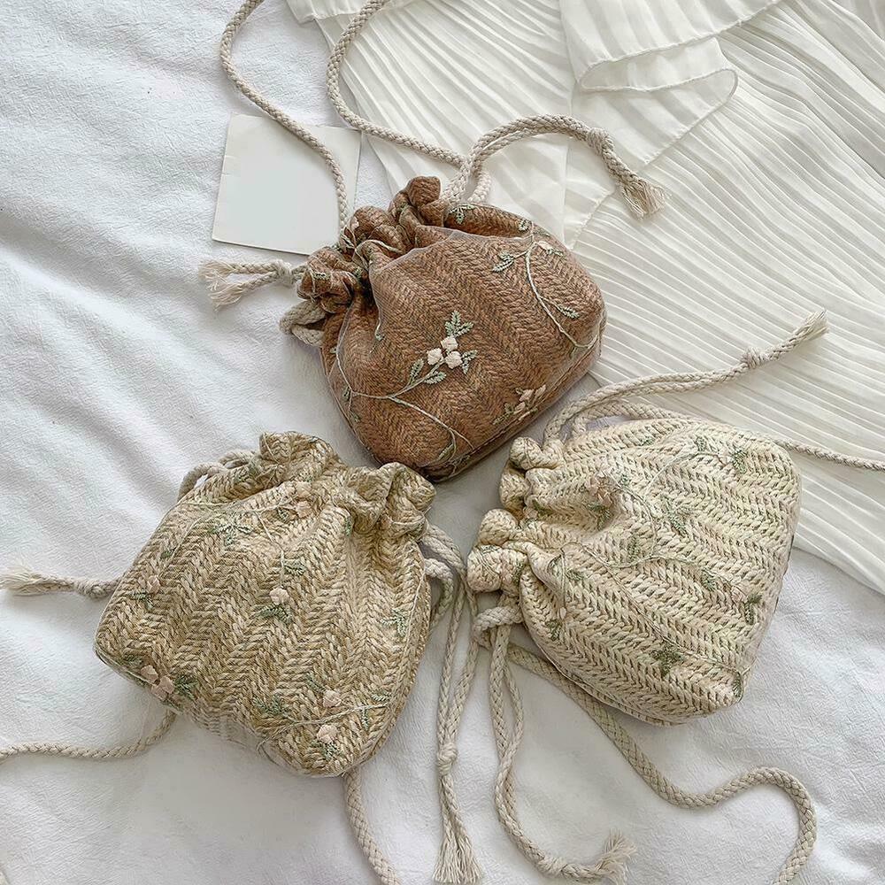 Shoulder Bags Women Drawstring Straw Bags Embroidery Bags Crossbody Handbags