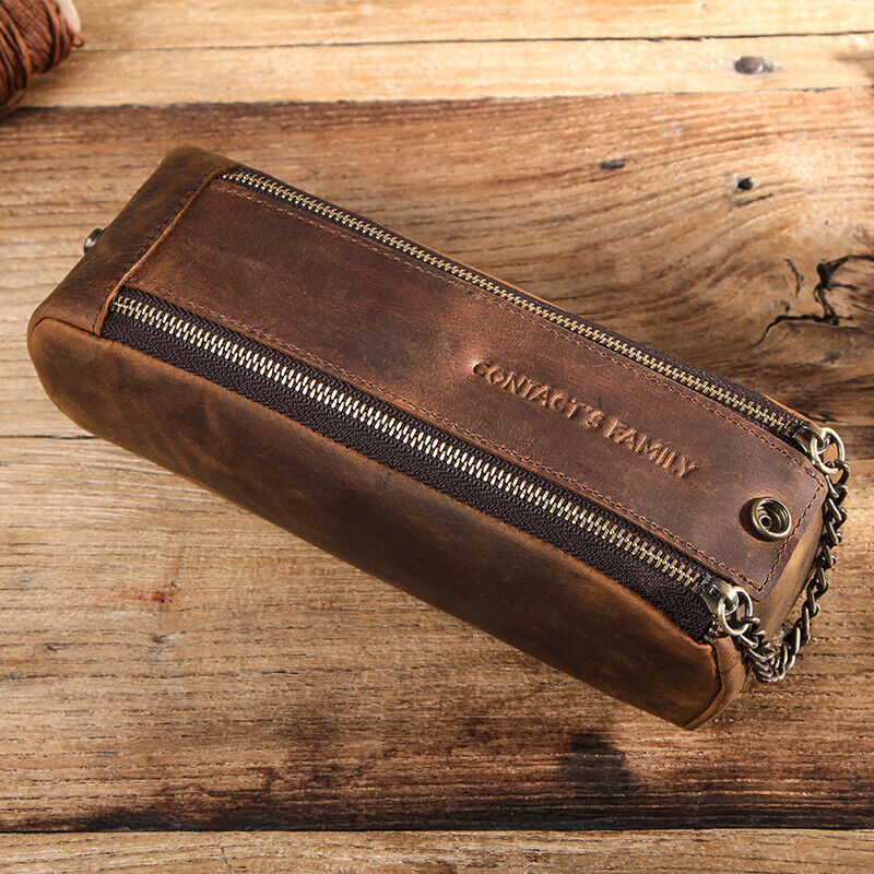 Handmade Cowhide Leather Pen Pouch Zipper Pencil Case Stationery Storage Pen Bag