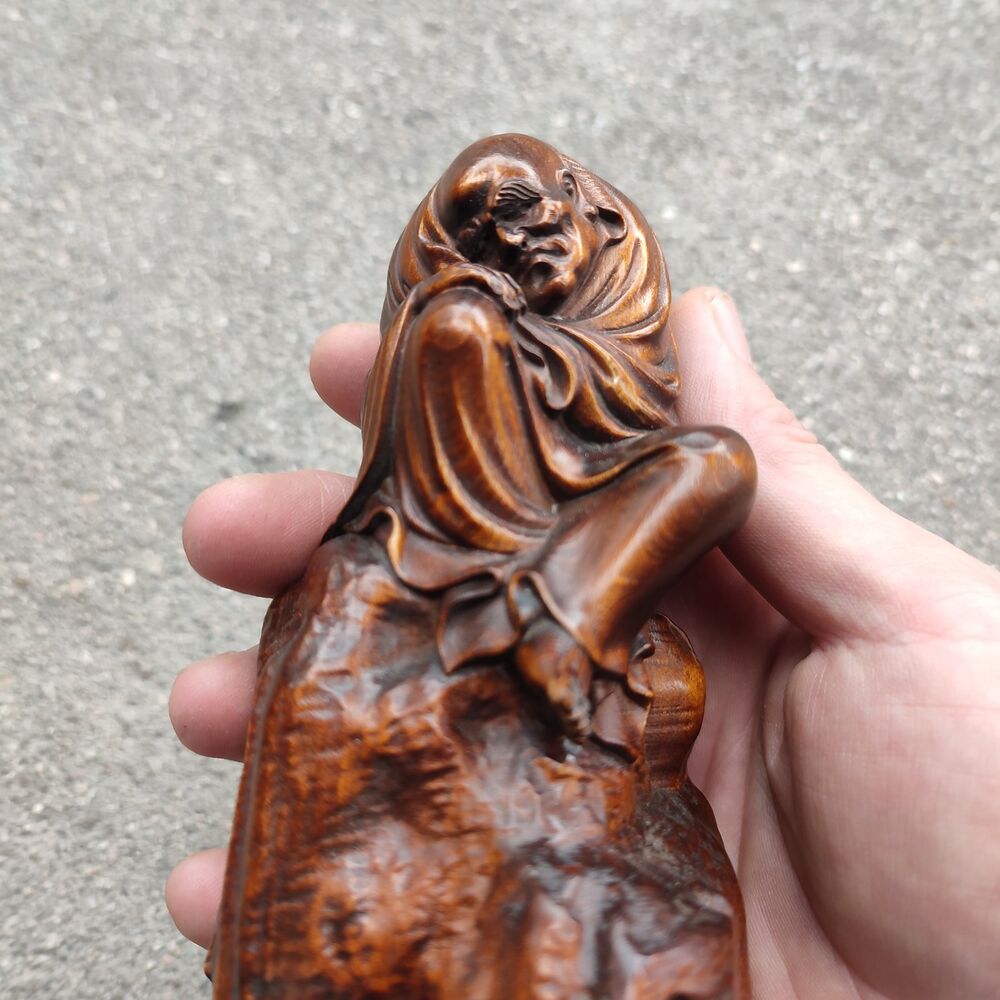 Chinese Boxwood Carving Monk Wooden Buddha Statue Figurine Dharma Home Decor Art