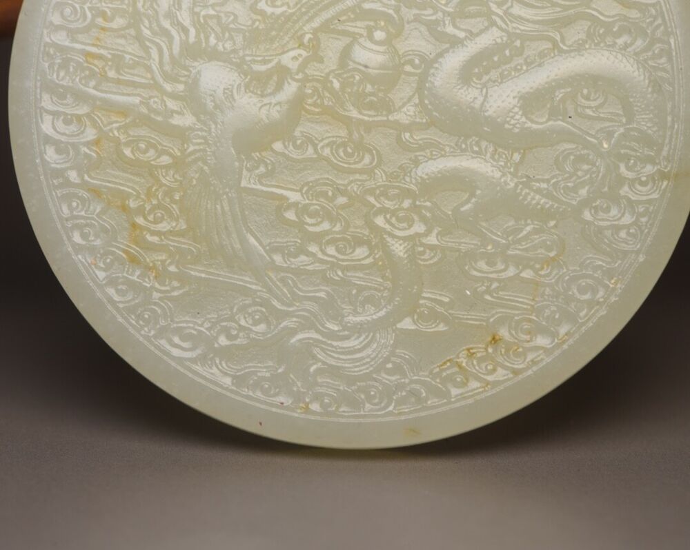 Top Chinese Natural Hetian Jade Carved Dragon Phoenix Statue Lucky Jade Pendant