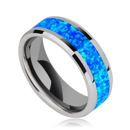 2023 New Luxury 8mm Tungsten Steel Ring Inlaid Blue Opal Wedding Ring Men's Neve