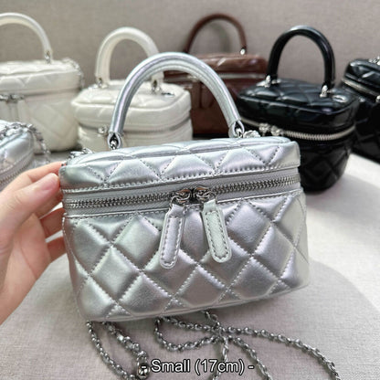 Mini Quilted Real Leather Vanity Case Box Purse Clutch Tote Shoulder Bag Chains