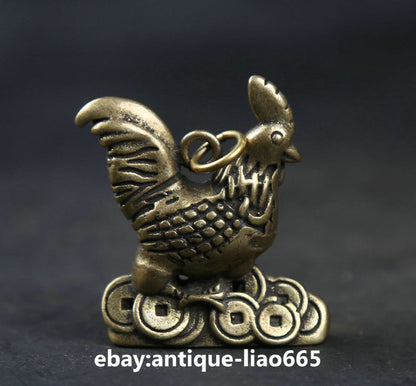 34MM Small Curio Chinese Bronze Zodiac Animal Rooster Cock Money Wealth Pendant
