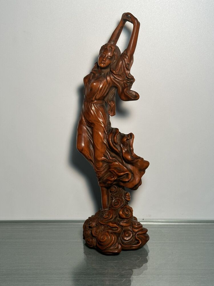 Chinese Wood Carved Boxwood Pretty Woman Girl Statue Wooden Sculpture Home Decor
