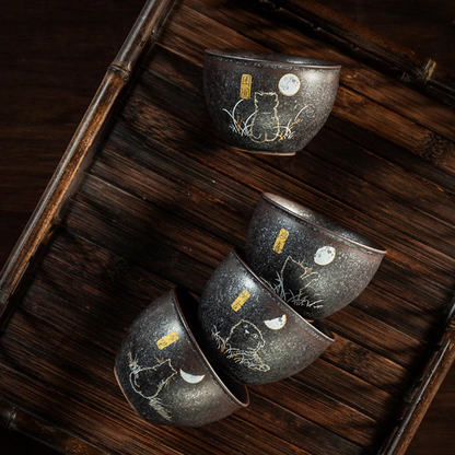 Lovely Cat Black Ceramic Tea Cup Asia Tea Cup for Tea Lover 140ml