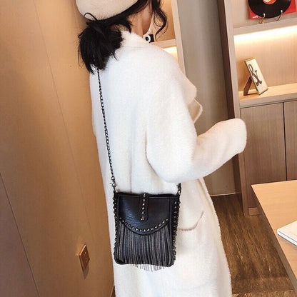 Women Shoulder Bag PU Leather Handbag Black Crossbody Tassel