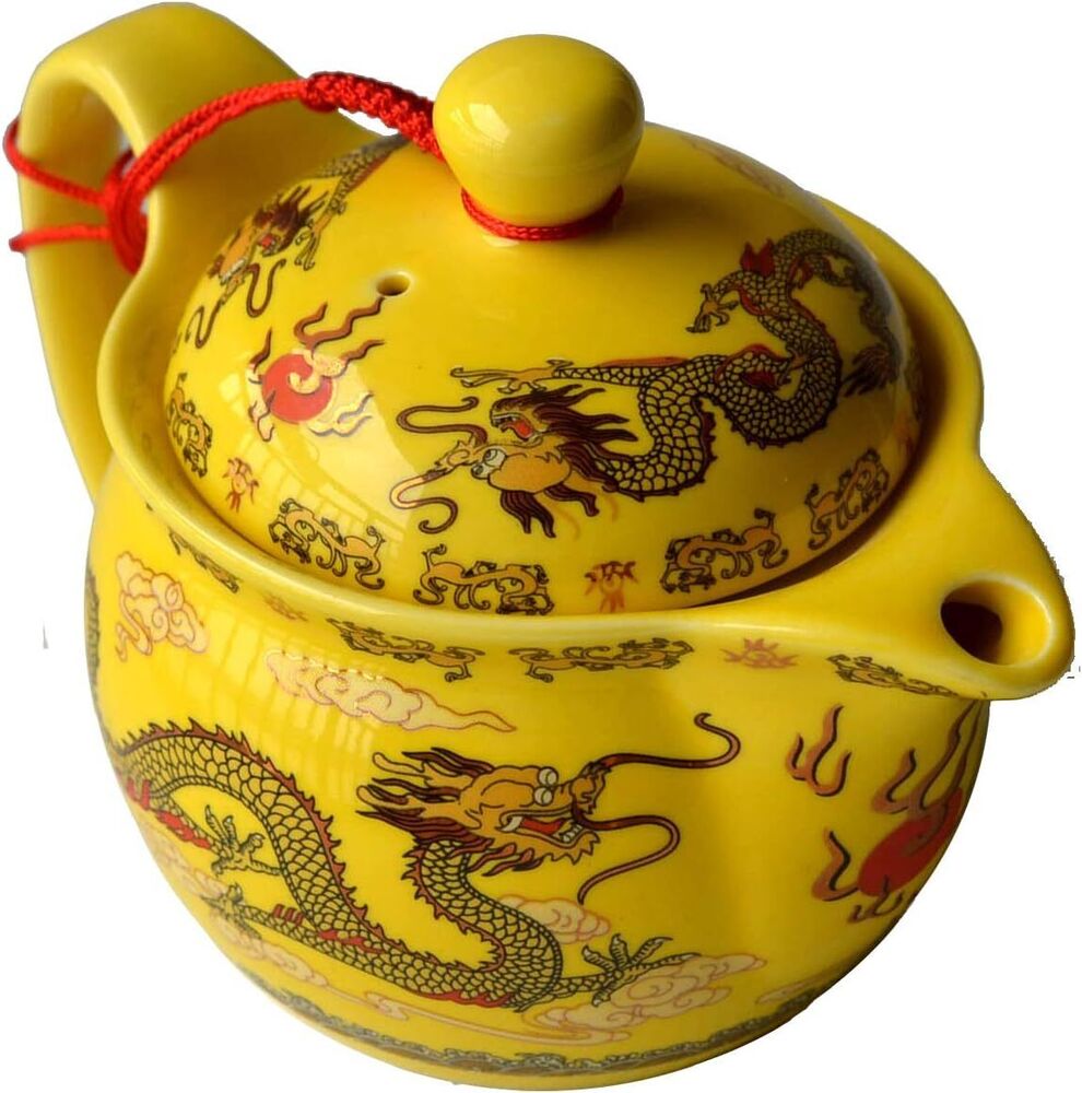 Chinese Yellow Porcelain Teapot Dragons Stainless Mash Infuser Kitchen Decor