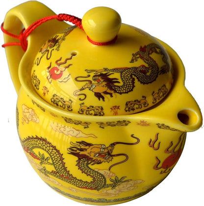 Chinese Yellow Porcelain Teapot Dragons Stainless Mash Infuser Kitchen Decor
