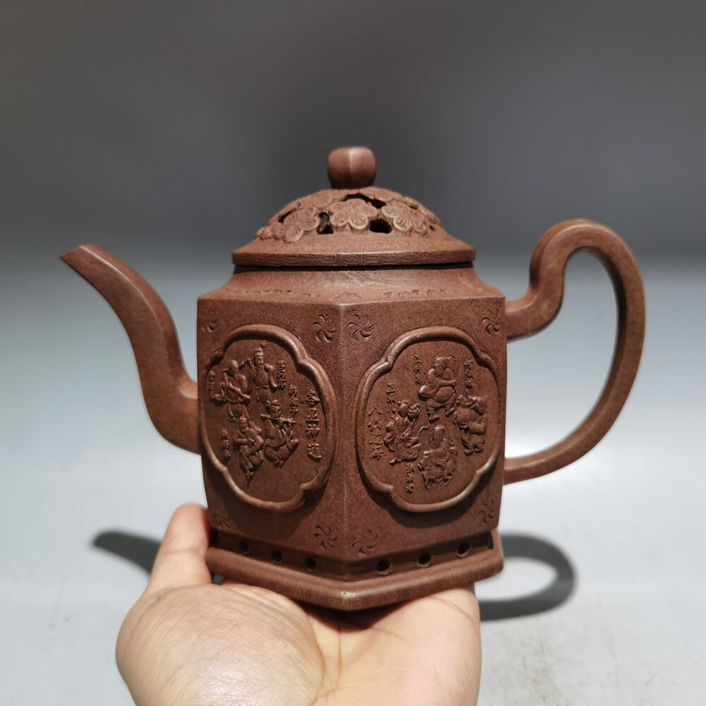 Chinese Yixing Zisha pottery hand carved Tea makers Tea Pot 品名：八仙过海 低款：曼晞陶艺