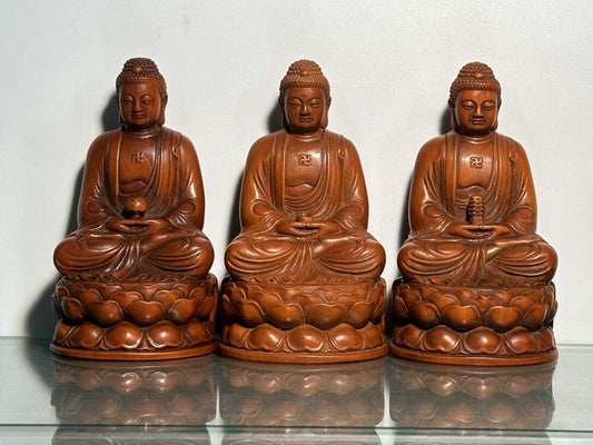 Chinese Vintage Boxwood Carved Three Buddha Statue Wooden Figure Sculpture Decor