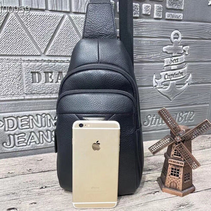 Top Soft Cow Leather Black Sling Backpack, Mens Casual Crossbody Bag for Hiking