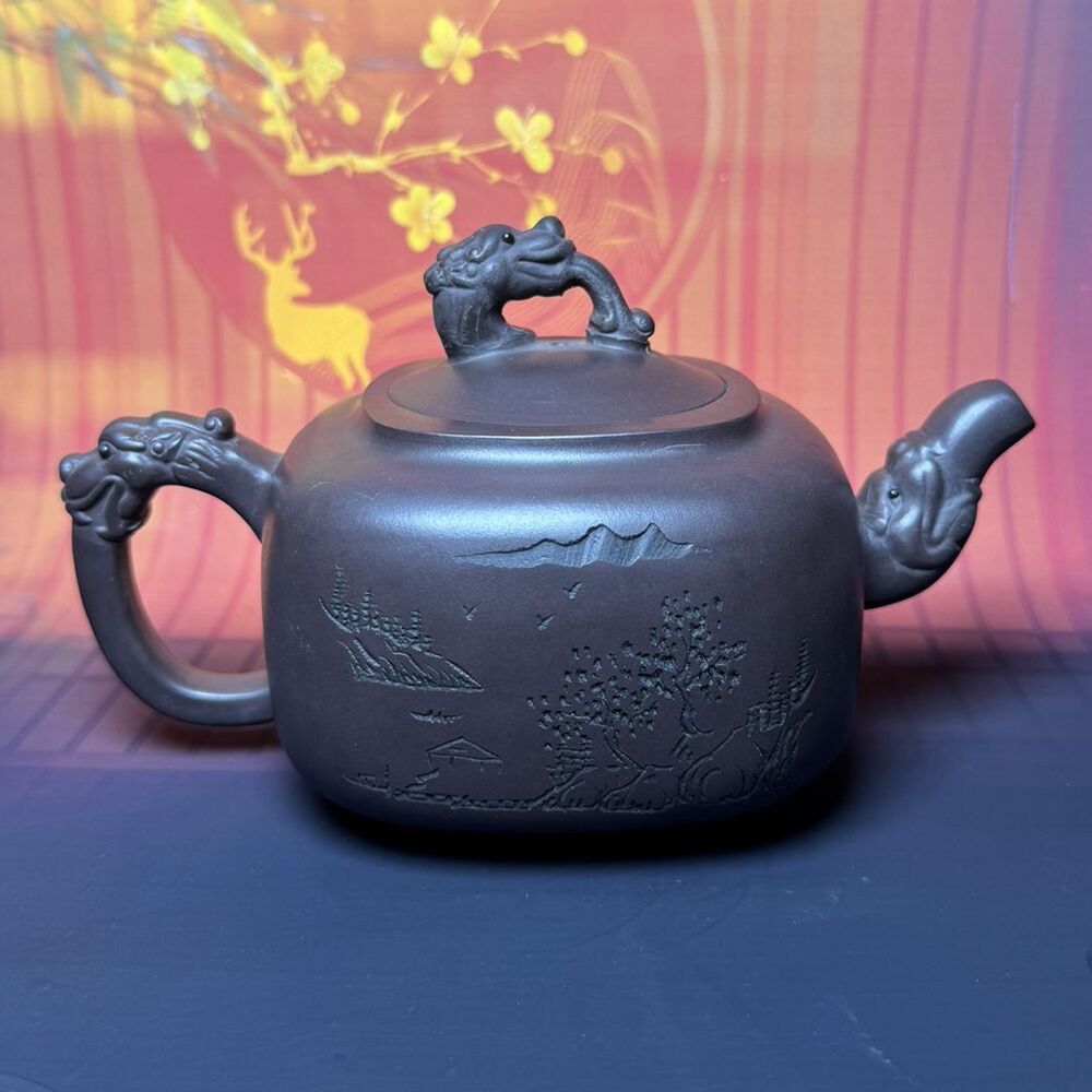 Vintage Chinese Yixing Purple Clay Teapot Zisha Ceremony Carving Dragon Tea Set