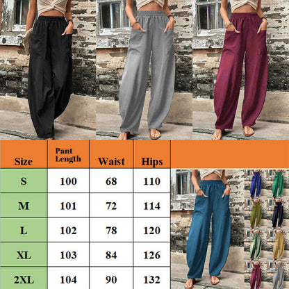 Women Summer Ice Silk Pocket Wide Leg Baggy Pants Elastic High Waist Trousers