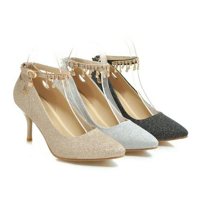 Slip On Women Pumps Shoes Beads Ankle Strap Stiletto Heels Pointy Toe Bling Chic