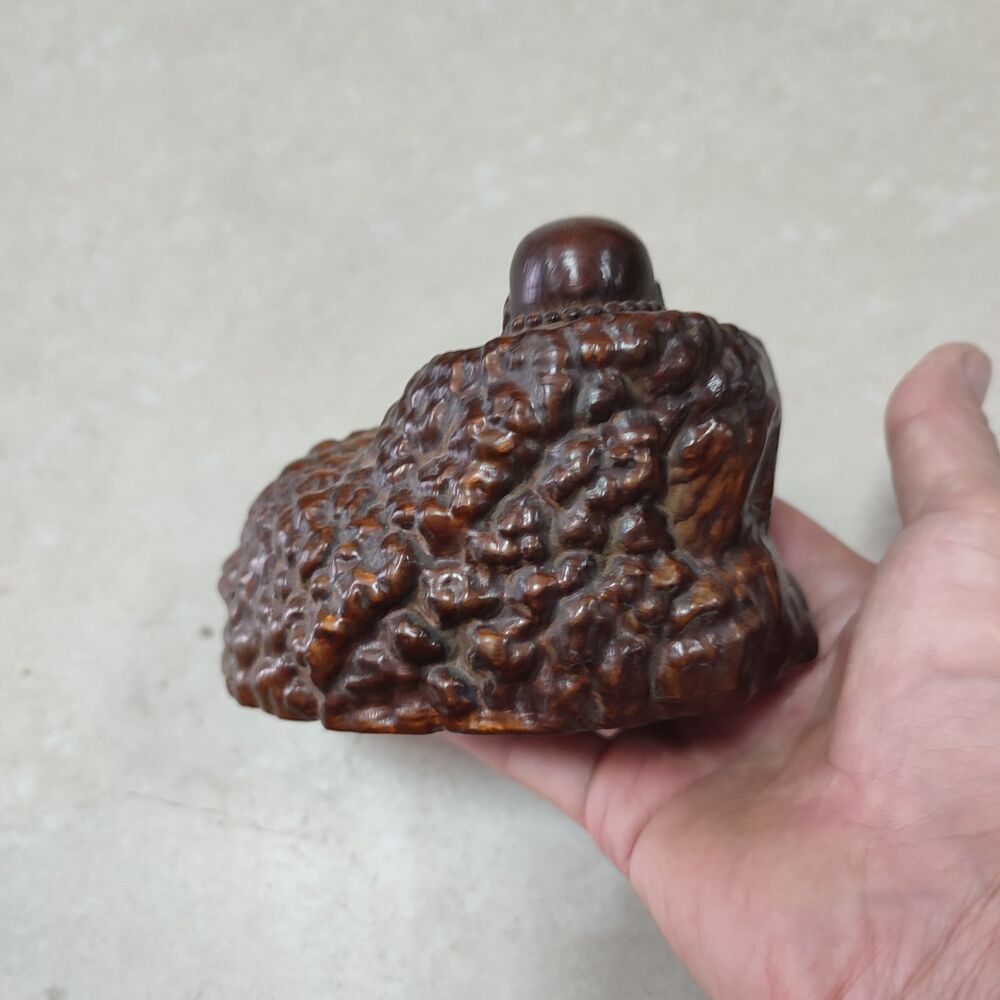 Wood carving buddha statue buddhism good fortune Amitabha fat happy praying art