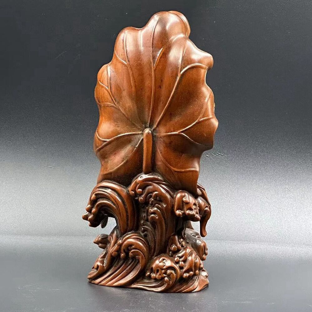 Chinese Boxwood Carving Lotus Leaf Kwan Yin Statue Wood Figurine Decoration Art