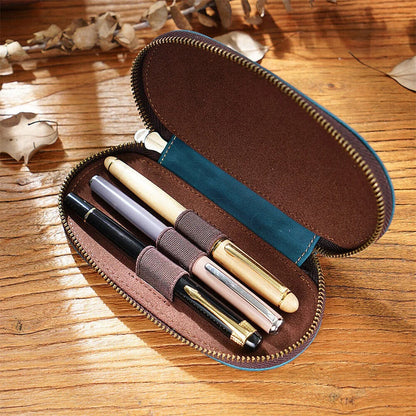 Pencil Case Zipper Leather Bag 3 Pens Capacity Student Stationery Storage Holder
