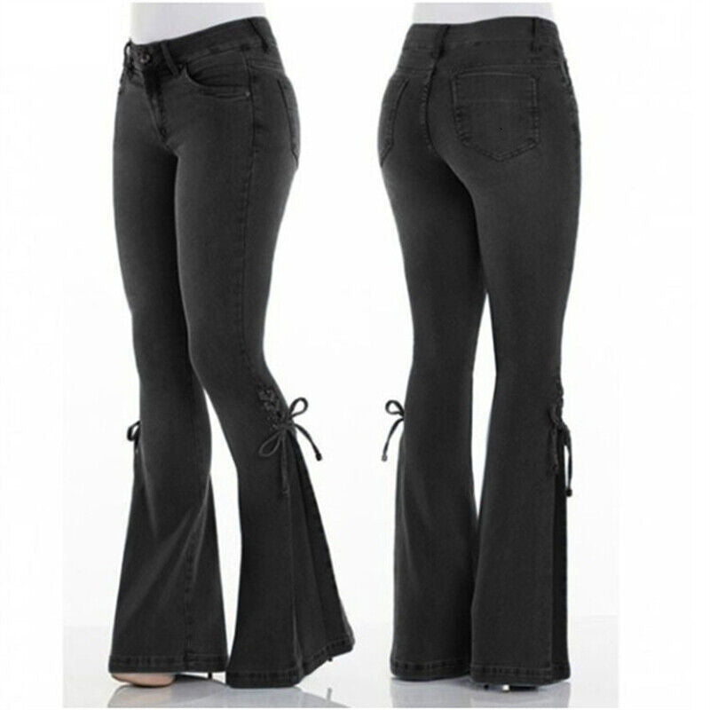 Slim Fit Trousers Womens Bowknot Flared Jeans Bell Bottoms Stretch Denim Pants