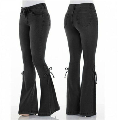 Slim Fit Trousers Womens Bowknot Flared Jeans Bell Bottoms Stretch Denim Pants