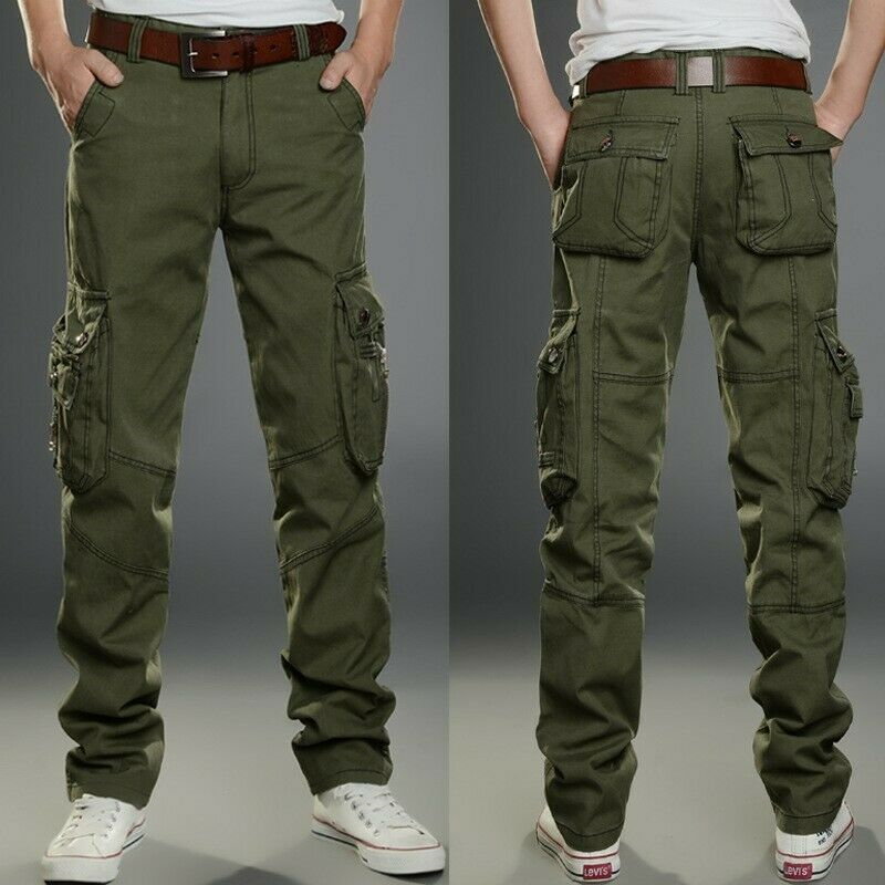 Men's Work Cargo Overalls Pants Casual Loose Fit Army Training Long Trousers New