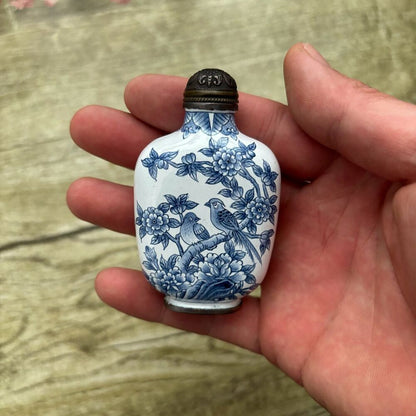 Chinese Cloisonne Snuff Bottle Painted Flower Bird blue and white porcelain Art