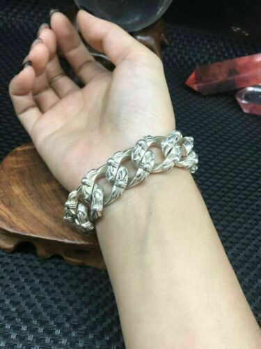 Asian old miao silver hand cast cool leo statue bracelet jewel gift