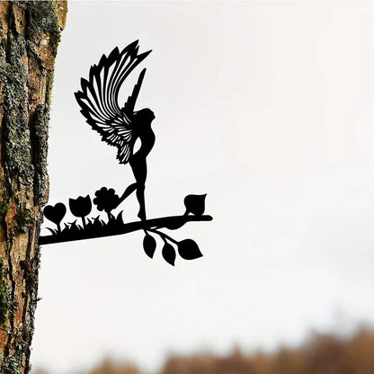 Elf On Branch Steel Silhouette Garden Yard Patio Outdoor Statue Stake