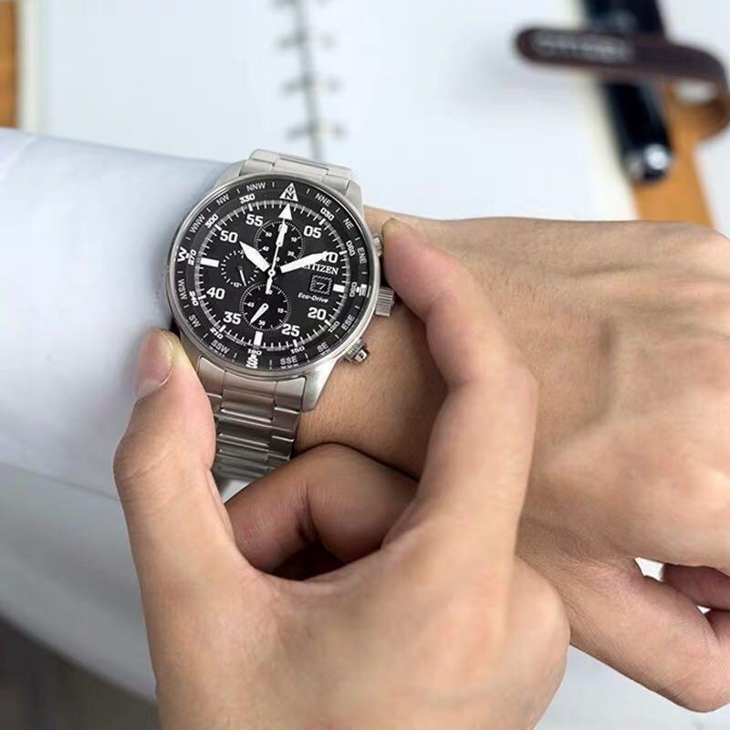 Men's Aviator Chronograph Black Dial Eco-drive Watch New Free Fast Shipping