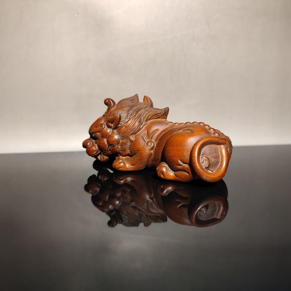 Set Chinese Unicorn Dragon Sculpture Statue Wooden Desk Room Carving Decor Fine