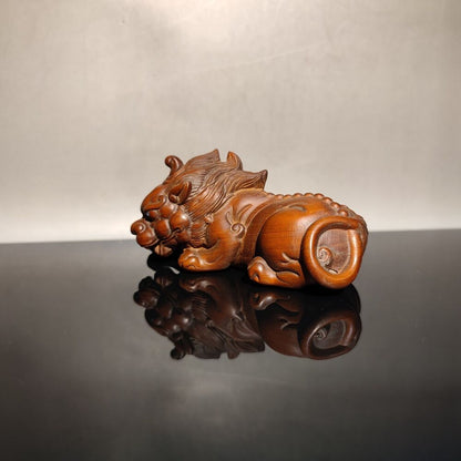 Set Chinese Unicorn Dragon Sculpture Statue Wooden Desk Room Carving Decor Fine