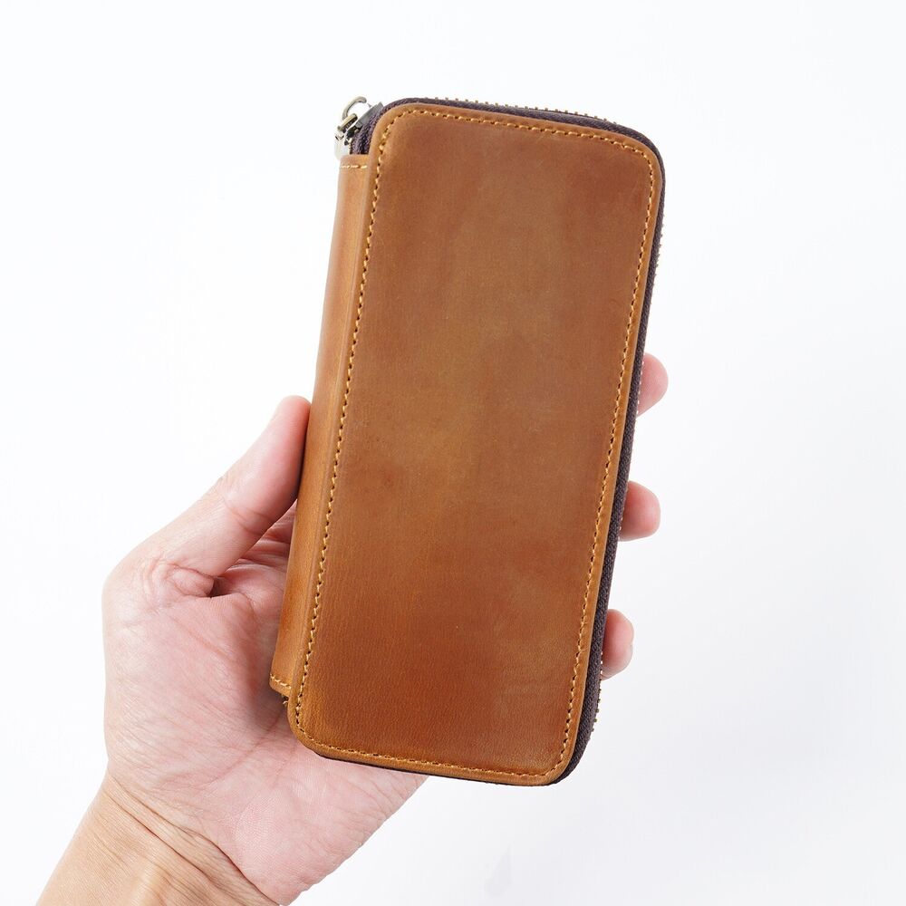 Handmade Cowhide Leather Zipper Pen Case, Pencil Case Stationery Storage Bag