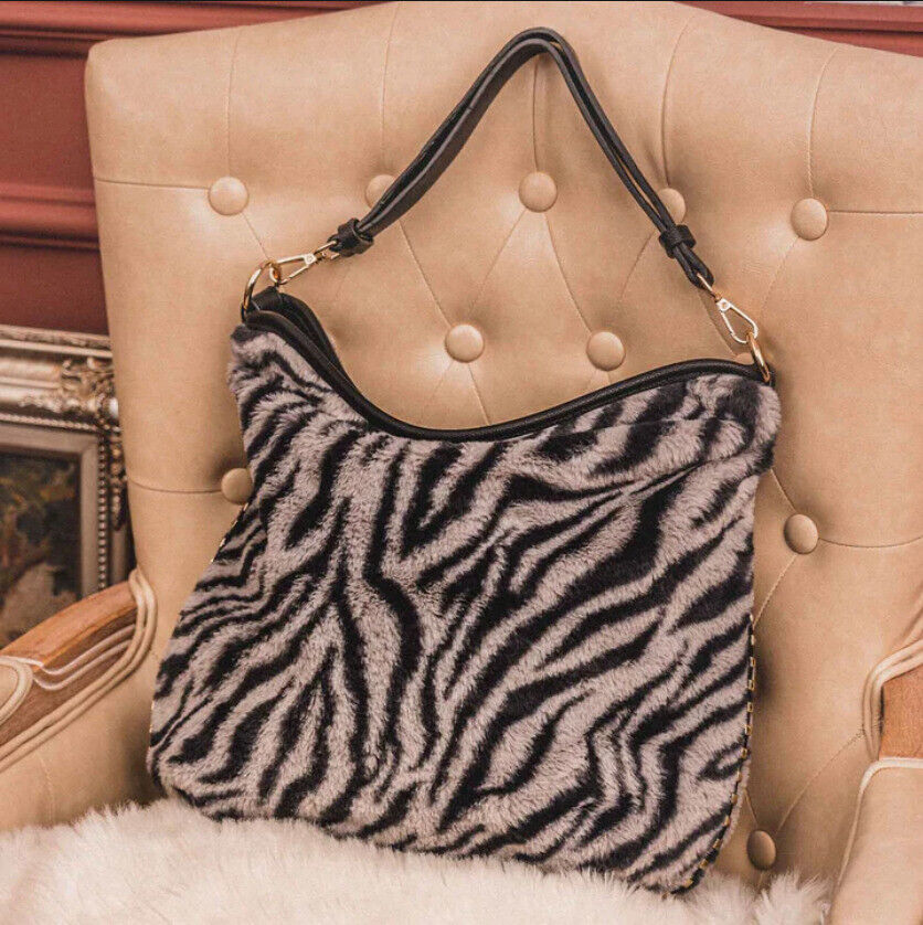 Celela Fluffy Zebra Print Rivet Women Hobo Crossbody Shoulder Handbag Purse Bag