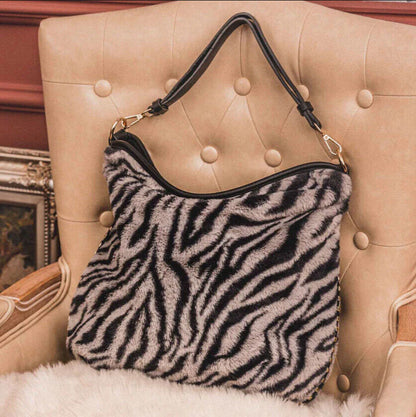 Celela Fluffy Zebra Print Rivet Women Hobo Crossbody Shoulder Handbag Purse Bag
