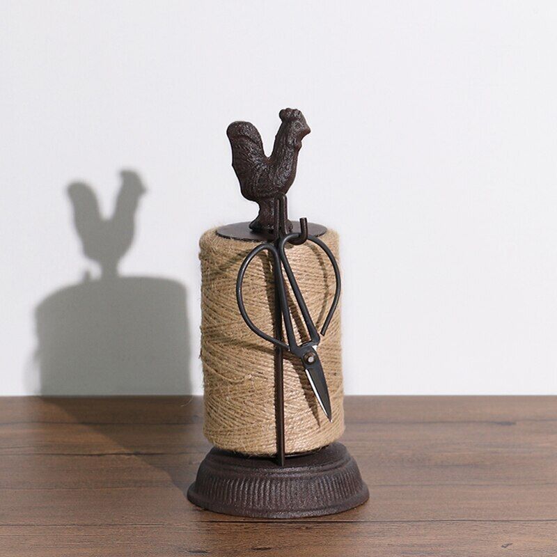 Animal Statue Cast Iron Antique Rustic Big Rooster Hemp Rope Roll Scissor Holder