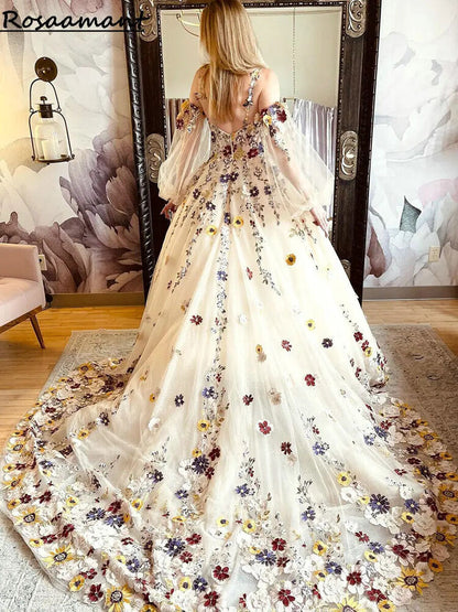 Colorful Floral Appliques Wedding Dresses Detachable Sleeve Bridal Gowns Robe