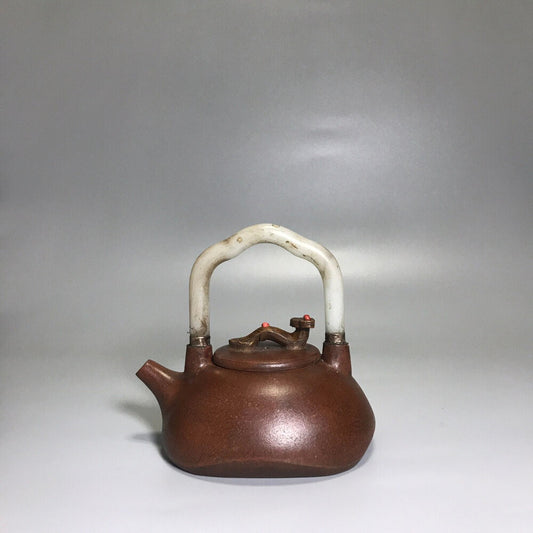 Chinese Yixing Zisha Clay Handmade Exquisite Teapot （方瓢镶玉提梁 底款：杨鹏年）