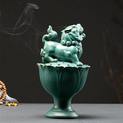 Foo Dog Fyi Statue Lotus Carved Incence Burner Porcelain Decoration Zen Style
