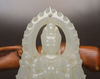 Chinese Top Natural Hetian Jade Carved Kwan Yin Statue Good Luck Pendant Jewelry