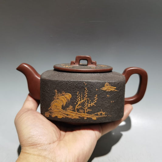 Chinese Yixing Zisha Clay Handmade Exquisite Landscape Teapot 品名：四方泥绘壶 底款：顾景舟