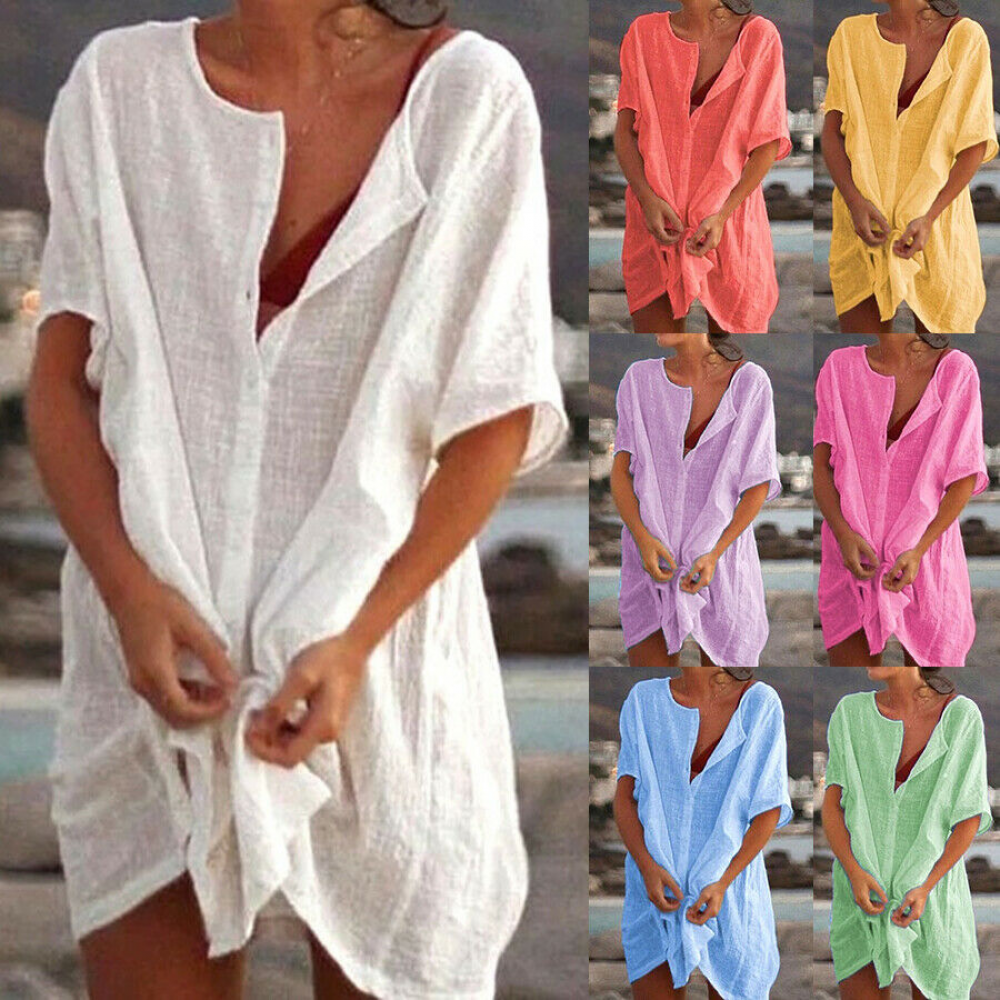 Plus Size Women Short Sleeve Baggy Long Blouse Shirt Mini Dress Beach Tunic Tops