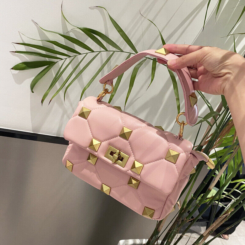 Studded Leather Shoulder Bag Women Pink/Green/Black, Soft Leather Gold Chain Bag