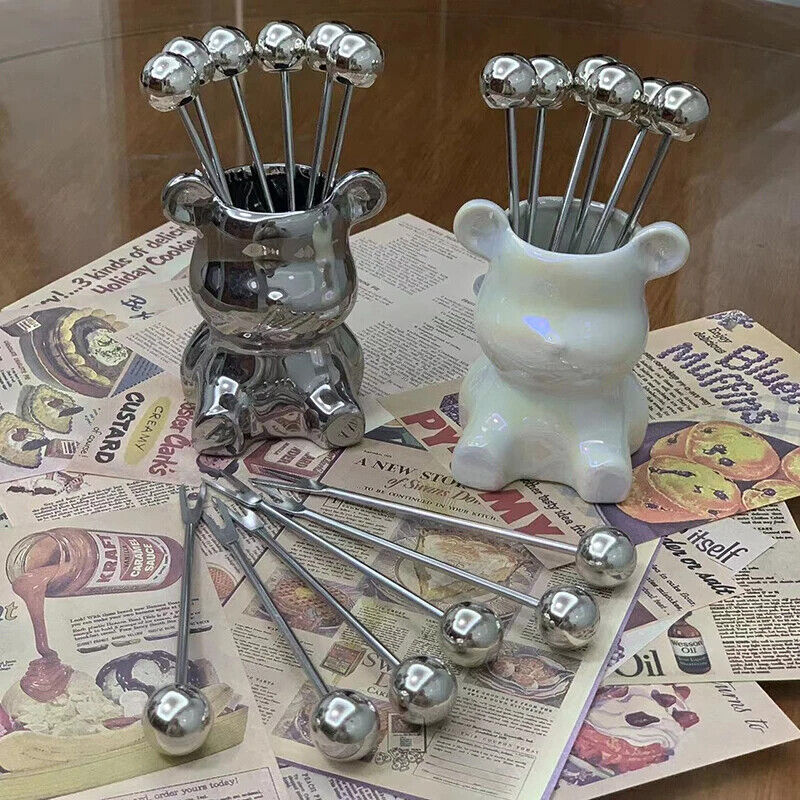 Dessert Forks 6Pcs Stainless Steel Fruit Pick W/ Storage Jar Bear Party Utensils