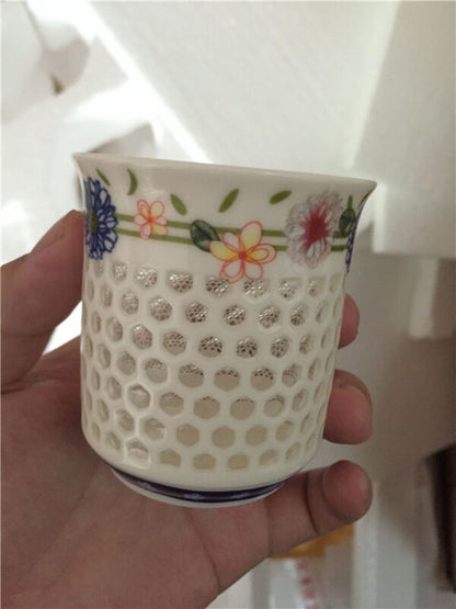 100ml Ceramic Tea Cup Blue White Cup For Coffee/tea Floral Hollow-out Design Cup